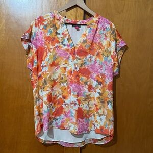 Vince Camuto Floral Blouse Multicolor Hi Low Short Sleeve Large